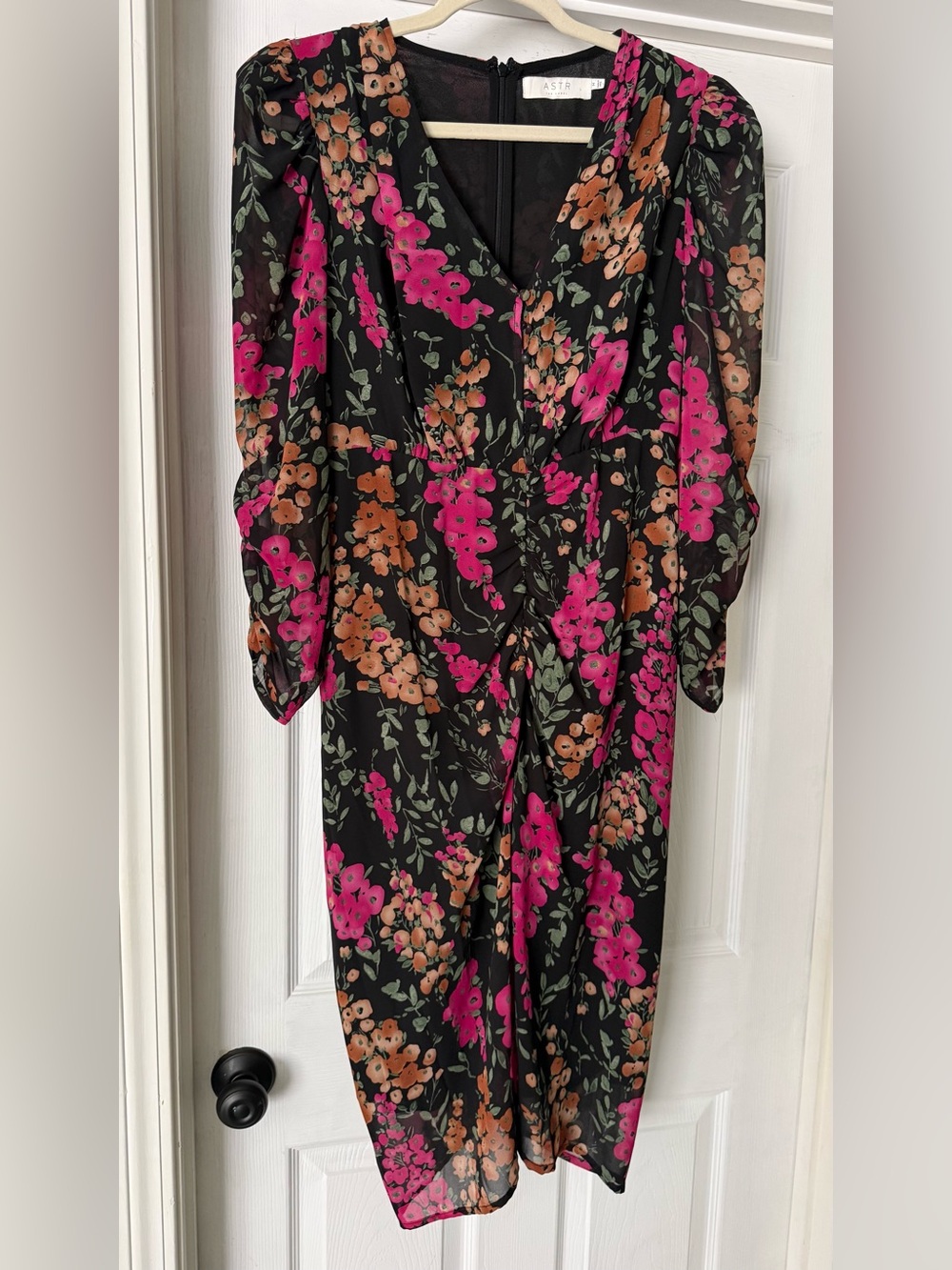 Astr Floral Ruched V-Neck Midi Dress - Black, Pink, Brown - Picture 3 of 8